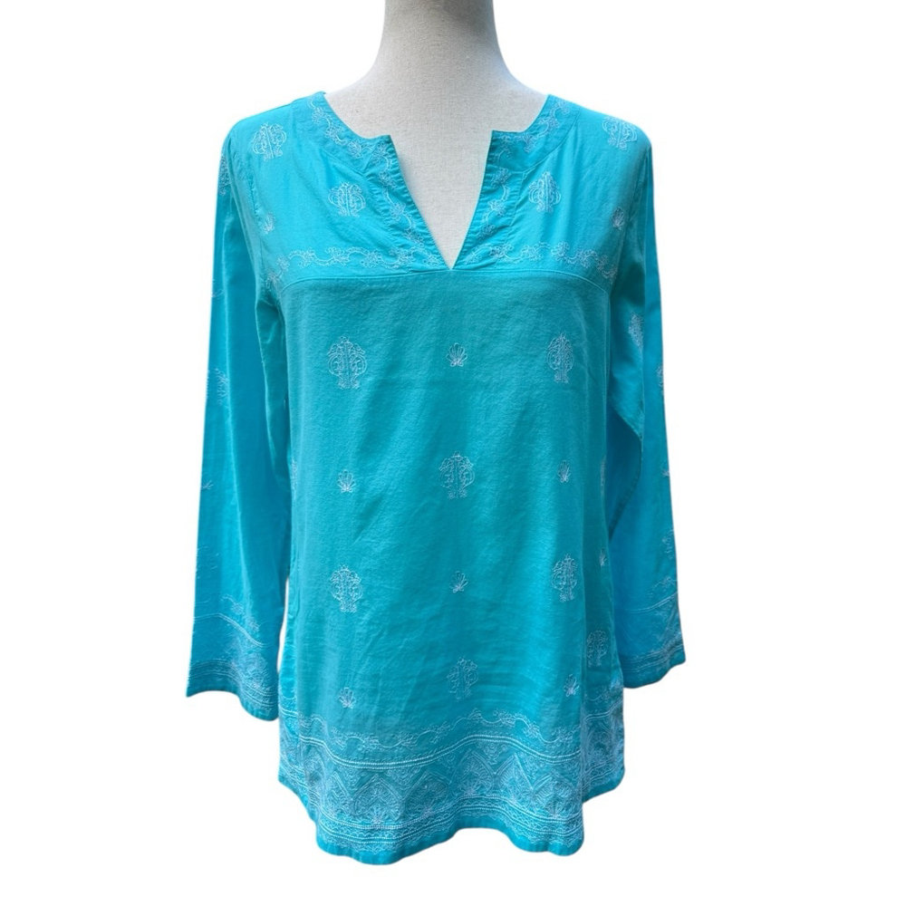 Vineyard Vines Embroidered Tunic Top Aqua Blue Cotton Boho Coastal M